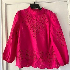 EUC J.Crew Mockneck cotton poplin top with embroidered eyelet Pink